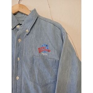 Vintage Planet Hollywood Shirt Men Large Blue Denim Button Up Jean 90s Pocket